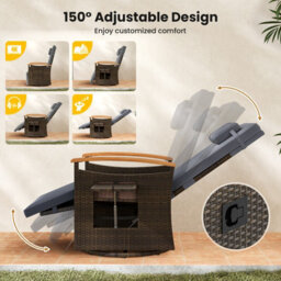 Gainoom Outdoor Swivel Rattan Recliner Chair Grey Patio Wicker Chaise Lounge Chair Push Back Reclining Chair - thumbnail 8
