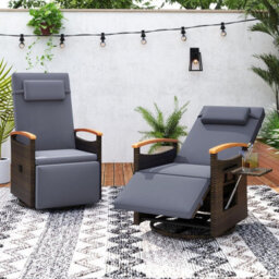 Gainoom Outdoor Swivel Rattan Recliner Chair Grey Patio Wicker Chaise Lounge Chair Push Back Reclining Chair - thumbnail 9