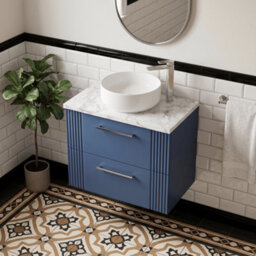 Balterley Belvide Partial Fluted 2 Drawer Wall Hung Vanity Unit With Carrera Marble Laminate Worktop - 600mm - Satin Blue - thumbnail 3