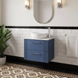 Balterley Belvide Partial Fluted 2 Drawer Wall Hung Vanity Unit With Carrera Marble Laminate Worktop - 600mm - Satin Blue - thumbnail 4