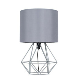 Valuelights Angus Modern Grey Metal Basket Cage Bed Side Table Lamp With Grey Fabric Shade With Led Golfball Bulb In Warm White