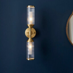 2 Pack Satin Brass Twin Wall Light & Ribbed Glass Shades Frosted Glass Defusers - thumbnail 3