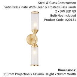 2 Pack Satin Brass Twin Wall Light & Ribbed Glass Shades Frosted Glass Defusers - thumbnail 2