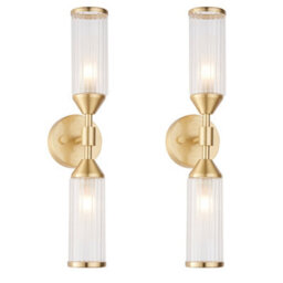 2 Pack Satin Brass Twin Wall Light & Ribbed Glass Shades Frosted Glass Defusers - thumbnail 1