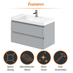 Plum&clay Marvel Gloss Light Grey Wall Hung Bathroom Vanity Unit With Resin Basin (W)900mm - thumbnail 6
