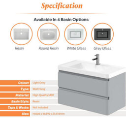Plum&clay Marvel Gloss Light Grey Wall Hung Bathroom Vanity Unit With Resin Basin (W)900mm - thumbnail 5