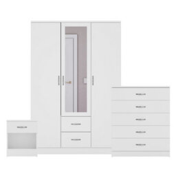 Lassic Vida Designs Riano 3 Piece Bedroom Set (1 Drawer Bedside Chest, 5 Drawer Chest, 3 Door 2 Drawer Mirrored Wardrobe), White - thumbnail 8