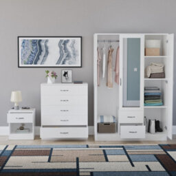 Lassic Vida Designs Riano 3 Piece Bedroom Set (1 Drawer Bedside Chest, 5 Drawer Chest, 3 Door 2 Drawer Mirrored Wardrobe), White - thumbnail 2