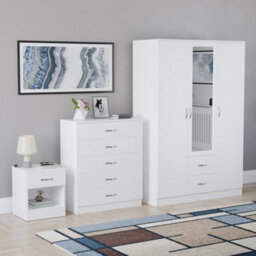 Lassic Vida Designs Riano 3 Piece Bedroom Set (1 Drawer Bedside Chest, 5 Drawer Chest, 3 Door 2 Drawer Mirrored Wardrobe), White - thumbnail 6