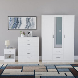 Lassic Vida Designs Riano 3 Piece Bedroom Set (1 Drawer Bedside Chest, 5 Drawer Chest, 3 Door 2 Drawer Mirrored Wardrobe), White - thumbnail 7