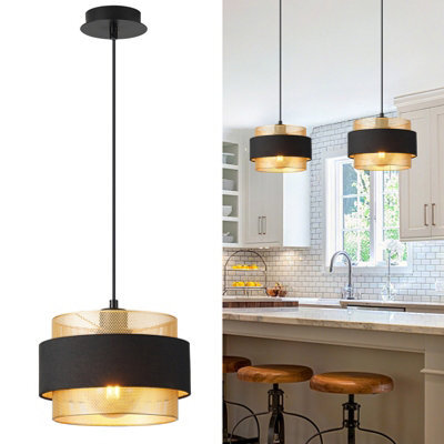 Harper Living Modern Pendant Ceiling Light, Black Fabric & Gold Mesh Metal Shade, 122Cm Height Adjustable Hanging Light - image 1