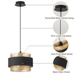 Harper Living Modern Pendant Ceiling Light, Black Fabric & Gold Mesh Metal Shade, 122Cm Height Adjustable Hanging Light - thumbnail 5