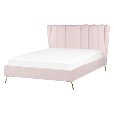 Beliani Bed Velvet Miribel 140 X 200 Cm (Eu Double) Pastel Pink - image 1