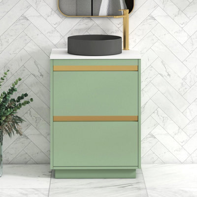 Royal Bathrooms Orion 600mm Mint Sage Floor Standing Plain White Countertop Vanity Unit 2 Drawer With Art Round Basin & Brushed Brass Accent Trim - image 1