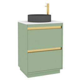 Royal Bathrooms Orion 600mm Mint Sage Floor Standing Plain White Countertop Vanity Unit 2 Drawer With Art Round Basin & Brushed Brass Accent Trim - thumbnail 6
