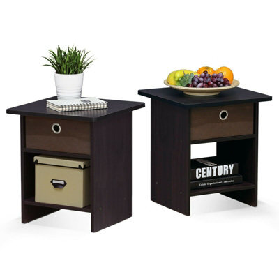 Walplus Furinno Dario End Table/ Night Stand Storage Shelf With Bin Drawer, Dark Walnut, Set Of 2 - image 1