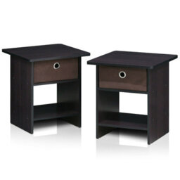 Walplus Furinno Dario End Table/ Night Stand Storage Shelf With Bin Drawer, Dark Walnut, Set Of 2 - thumbnail 3