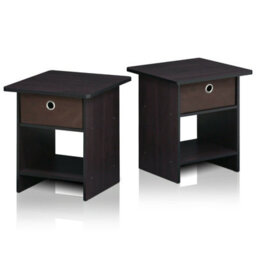 Walplus Furinno Dario End Table/ Night Stand Storage Shelf With Bin Drawer, Dark Walnut, Set Of 2 - thumbnail 2