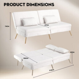 Comhoma Fabric Sofa Bed 3 Seater Upgraded Frame 5-Gear Back Angle Adjustable Futon Sofa, White-Teddy Velvet - thumbnail 2
