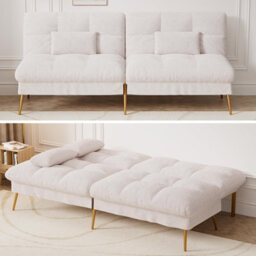 Comhoma Fabric Sofa Bed 3 Seater Upgraded Frame 5-Gear Back Angle Adjustable Futon Sofa, White-Teddy Velvet - thumbnail 1