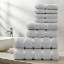 Casabella Towels Set, 8 Pc Towels For Bathroom, 100% Cotton, 2 Bath Towels, 2 Hand Towels, 4 Face Cloth, Silver