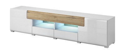 Arte Toledo 40 Tv Cabinet In White And Oak San Remo - Sleek Gloss Finish With Cable Management - W2080mm X H480mm X D390mm - image 1