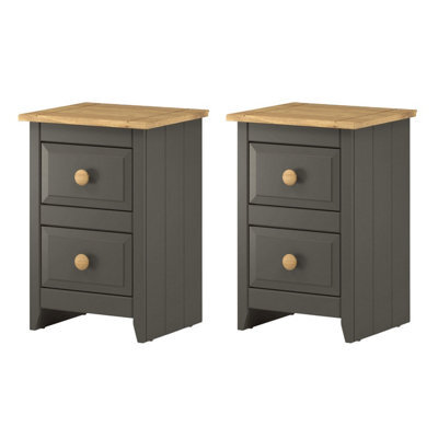 Core Products Set Of 2 Capri Carbon 2 Drawer Petite Bedside Cabinets, Antique Waxed Pine Top