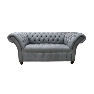 Chesterfield 2 Seater Buttoned Seat Sofa Vintage Cracked Wax Ash Grey Leather In Balmoral Style - image 1
