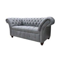 Chesterfield 2 Seater Buttoned Seat Sofa Vintage Cracked Wax Ash Grey Leather In Balmoral Style - thumbnail 2