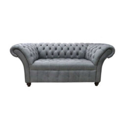 Chesterfield 2 Seater Buttoned Seat Sofa Vintage Cracked Wax Ash Grey Leather In Balmoral Style - thumbnail 1