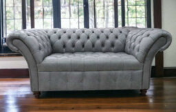 Chesterfield 2 Seater Buttoned Seat Sofa Vintage Cracked Wax Ash Grey Leather In Balmoral Style - thumbnail 4