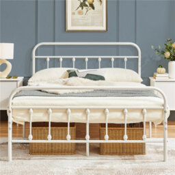 Yaheetech White 4Ft6 Double Vintage Metal Bed Frame With High Headboard And Footboard - thumbnail 1