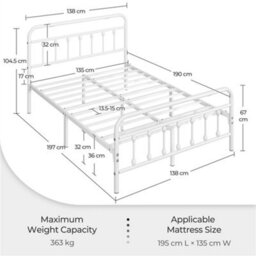 Yaheetech White 4Ft6 Double Vintage Metal Bed Frame With High Headboard And Footboard - thumbnail 4