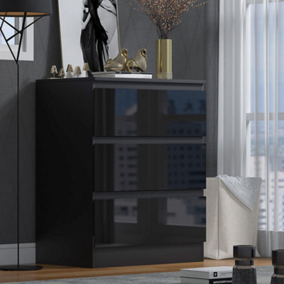 Fwstyle High Gloss Black Chest Of 3 Drawers Scratch Resistant Anti Bowing Bedroom Furniture