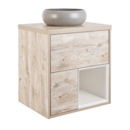 Homestylestore Light Oak 594mm Led Lit Wall Hung Bathroom Vanity Unit Round Pebble Countertop Basin Open Shelf