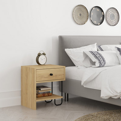 Decortie Modern Sirius Nightstand Drawer Storage Oak Metal And Engineered Wood Legs 45(W)Cm Bedside Table Bedroom - image 1