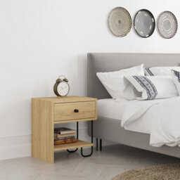 Decortie Modern Sirius Nightstand Drawer Storage Oak Metal And Engineered Wood Legs 45(W)Cm Bedside Table Bedroom - thumbnail 1