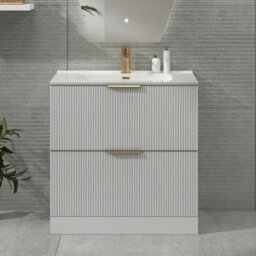 Royal Bathrooms Evora 800mm Matt White Fluted Floor Standing Bathroom Vanity Unit 2 Drawer Cabinet With Ceramic Basin & Brushed Brass Handles