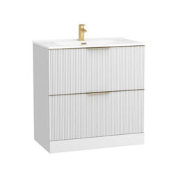 Royal Bathrooms Evora 800mm Matt White Fluted Floor Standing Bathroom Vanity Unit 2 Drawer Cabinet With Ceramic Basin & Brushed Brass Handles - thumbnail 7