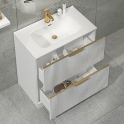 Royal Bathrooms Evora 800mm Matt White Fluted Floor Standing Bathroom Vanity Unit 2 Drawer Cabinet With Ceramic Basin & Brushed Brass Handles - thumbnail 5