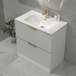 Royal Bathrooms Evora 800mm Matt White Fluted Floor Standing Bathroom Vanity Unit 2 Drawer Cabinet With Ceramic Basin & Brushed Brass Handles - thumbnail 6