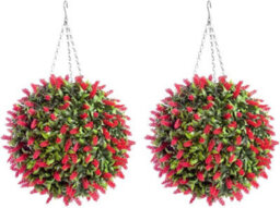 Pair Of Best Artificial 38Cm Red Lush Lavender Hanging Basket Flower Topiary Ball - Weather & Fade Resistant - thumbnail 1