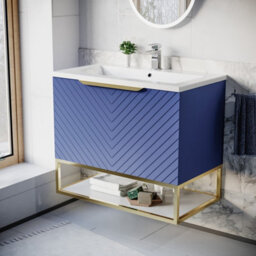 Nes Home 800mm Wall Hung Blue Drawers Basin Vanity Brushed Brass Frame & Handle - thumbnail 1