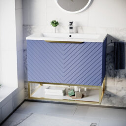 Nes Home 800mm Wall Hung Blue Drawers Basin Vanity Brushed Brass Frame & Handle - thumbnail 2