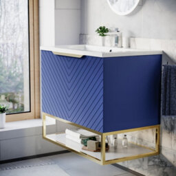 Nes Home 800mm Wall Hung Blue Drawers Basin Vanity Brushed Brass Frame & Handle - thumbnail 3