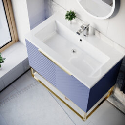 Nes Home 800mm Wall Hung Blue Drawers Basin Vanity Brushed Brass Frame & Handle - thumbnail 4