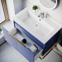 Nes Home 800mm Wall Hung Blue Drawers Basin Vanity Brushed Brass Frame & Handle - thumbnail 5