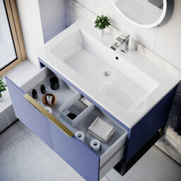 Nes Home 800mm Wall Hung Blue Drawers Basin Vanity Brushed Brass Frame & Handle - thumbnail 6
