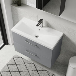 Balterley Bramshall Modern Bathroom Wall Hung 2 Soft Close Drawer Vanity Unit & Mid-Edge Basin, Satin Grey, 810mm - thumbnail 5