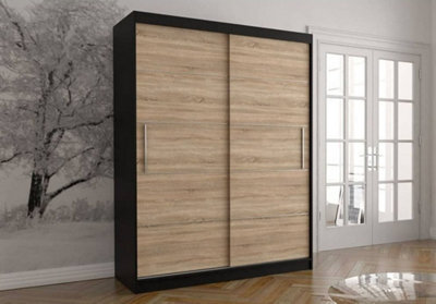 Arte Space-Saving Vista 06 Sliding Door Wardrobe - Black Matt With Oak Sonoma Accents - (H)2000mm X (W)1500mm X (D)610mm - image 1